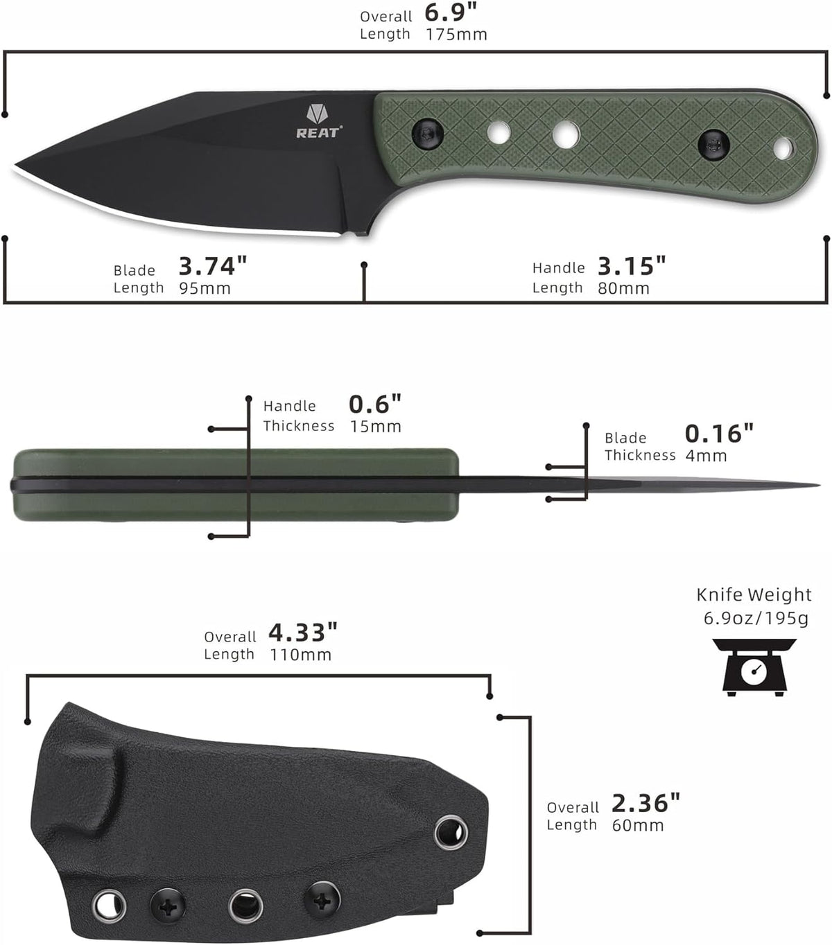 REAT Fixed Blade Knife with Kydex Sheath, 3.75" D2 Steel Blade,Ergonomic G10 Handle, Sharp EDC Knife, Small Tool for Camping Survival Tactical Hiking,Gifts for Men,Women