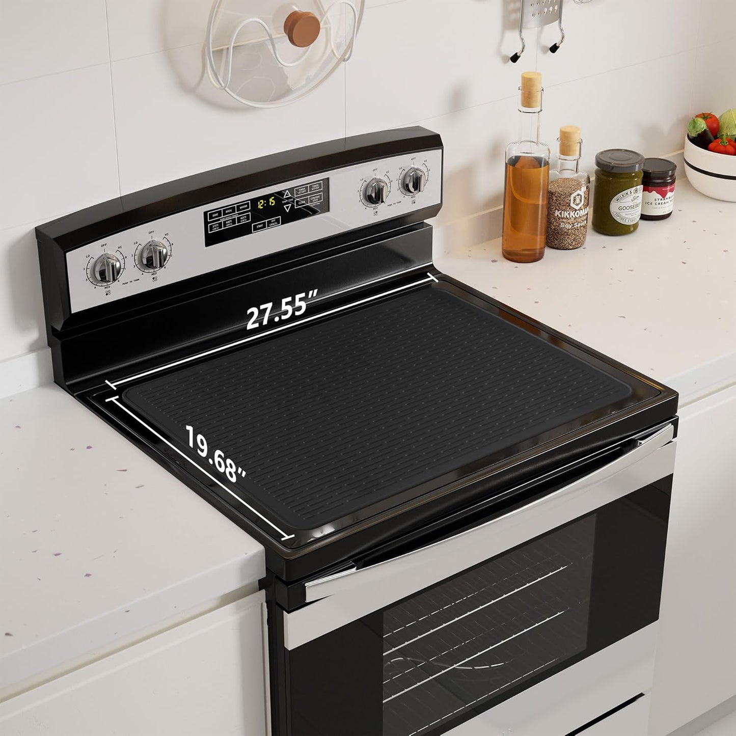 Stove Top Cover for Electric Stove - Food Grade Ceramic Stove top Cover,Silicone XXL Dish Drying Mat, Glass Cooktop Covers, Flat RV Range top Mats (Black,28x20)