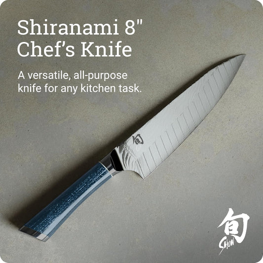 Shiranami 8" Chef's Knife | Handcrafted Japanese All Purpose Kitchen Knife, VG10 and VG2 Damascus Steel Blade, Jute Micarta Handle