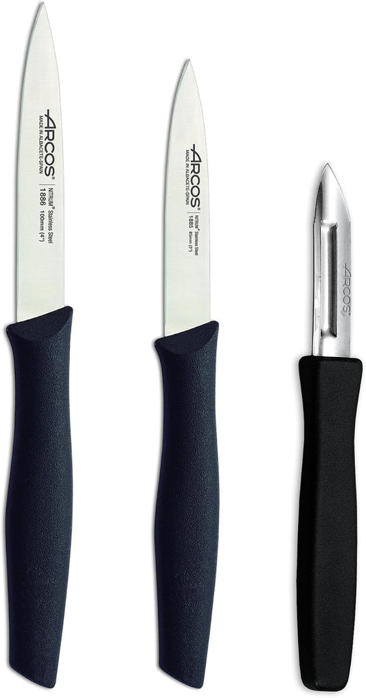 Set 3 pieces Paring Knife 3 Inch. 3 Paring Knives of Stainless Steel and Ergonomic Polypropylene Handle for Cutting Fruits, Vegetables and Tubers.. Series Nova. Color Black