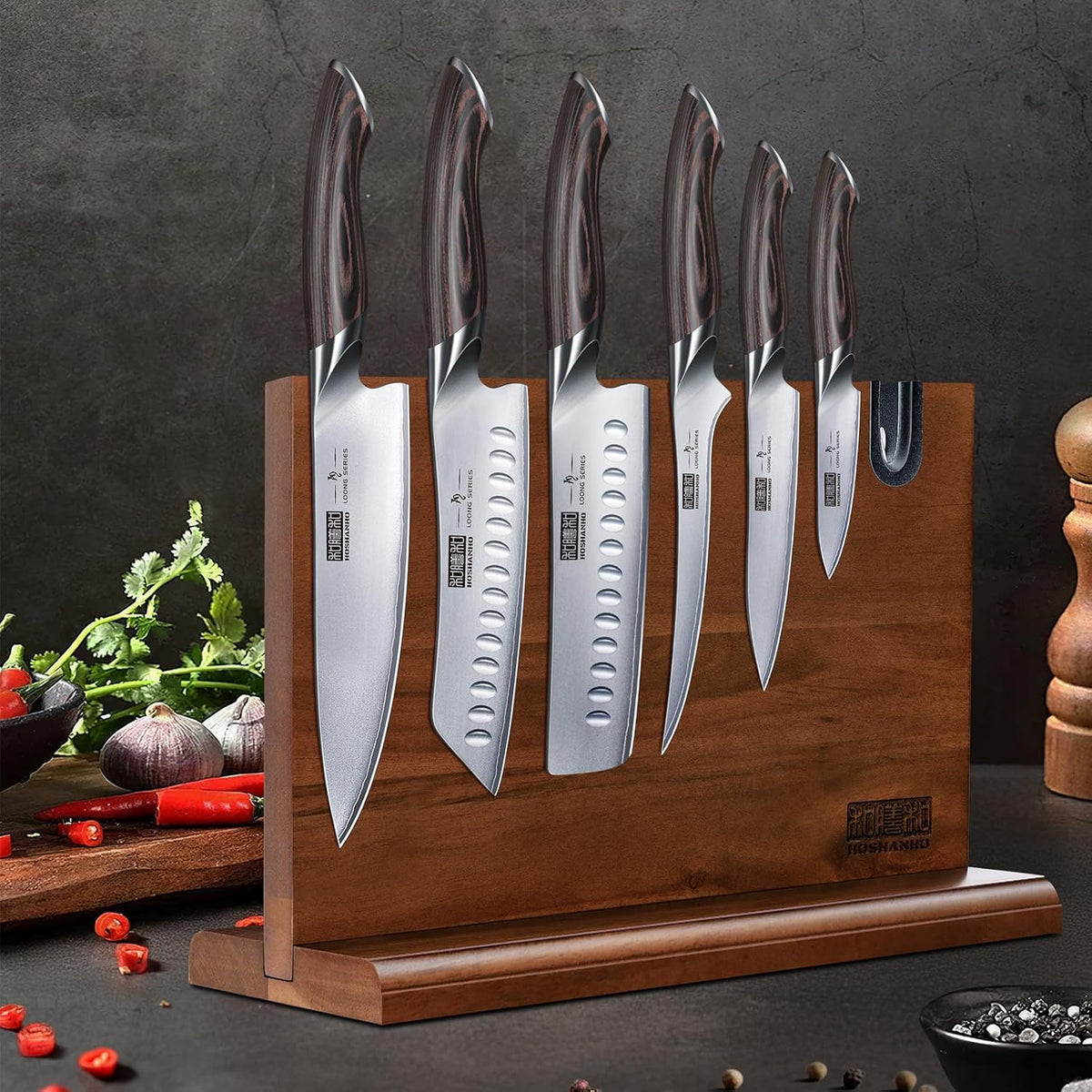 7PCS Kitchen Knife Set, Japanese Magnetic Knife Block Set
