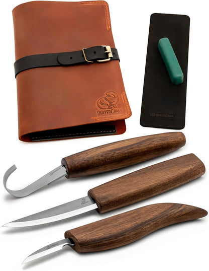 Spoon Wood Carving Kit - Spoon Carving Tools Set with Hook Knife, Sloyd, Chip, Small Detail Whittling Knives S13X - Deluxe Whittling Knife Set with & Leather Strop and Leather Case