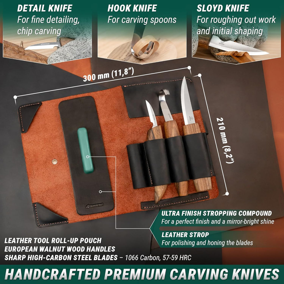 Spoon Wood Carving Kit - Spoon Carving Tools Set with Hook Knife, Sloyd, Chip, Small Detail Whittling Knives S13X - Deluxe Whittling Knife Set with & Leather Strop and Leather Case