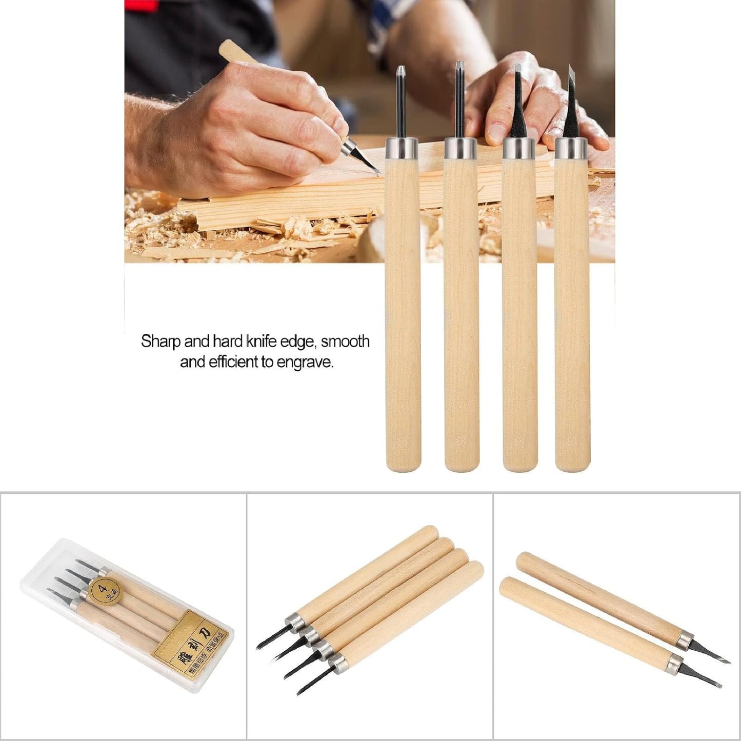 Wood Carving Tool 4 Pc Set,Small Wood Paddle, Sharpener Rubber Stamp Knives Micro Carving Tool Carving Tools Set (#1) 4pcs Wood Knife Manual (Number one)