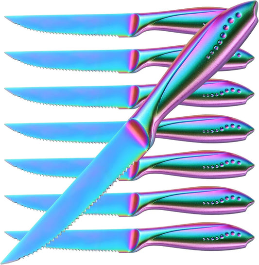 Rainbow Serrated Steak Knife 8 Piece Set, German High Carton Stainless Steel Blade for Home Restaurant