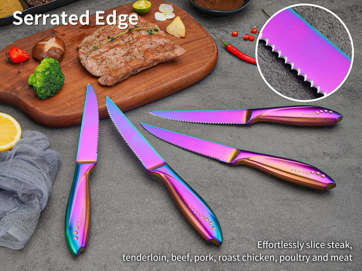 Rainbow Serrated Steak Knife 8 Piece Set, German High Carton Stainless Steel Blade for Home Restaurant