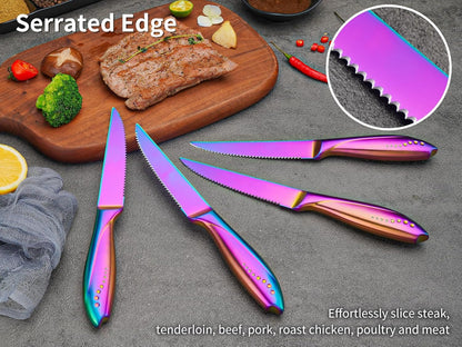 Rainbow Serrated Steak Knife 8 Piece Set, German High Carton Stainless Steel Blade for Home Restaurant