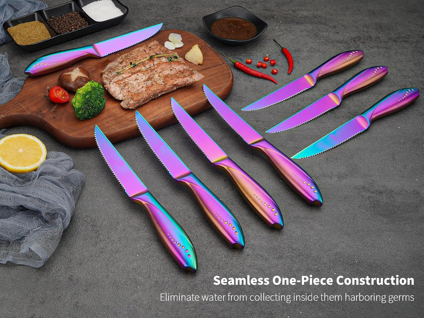 Rainbow Serrated Steak Knife 8 Piece Set, German High Carton Stainless Steel Blade for Home Restaurant