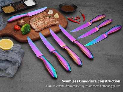 Rainbow Serrated Steak Knife 8 Piece Set, German High Carton Stainless Steel Blade for Home Restaurant