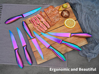 Rainbow Serrated Steak Knife 8 Piece Set, German High Carton Stainless Steel Blade for Home Restaurant