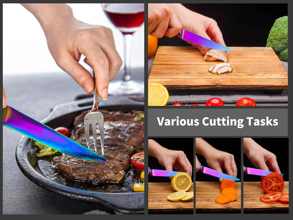 Rainbow Serrated Steak Knife 8 Piece Set, German High Carton Stainless Steel Blade for Home Restaurant