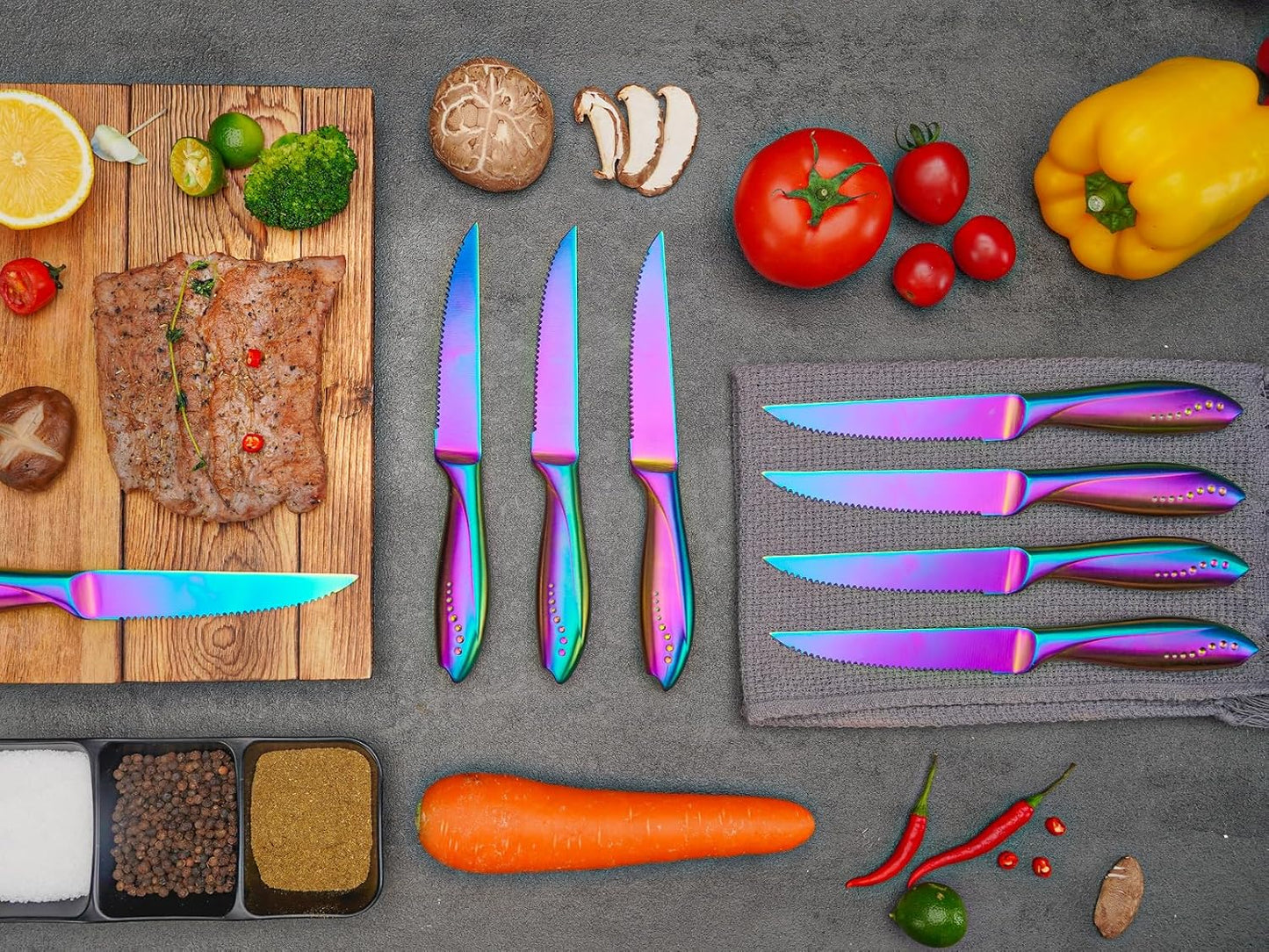 Rainbow Serrated Steak Knife 8 Piece Set, German High Carton Stainless Steel Blade for Home Restaurant
