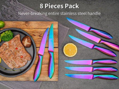 Rainbow Serrated Steak Knife 8 Piece Set, German High Carton Stainless Steel Blade for Home Restaurant