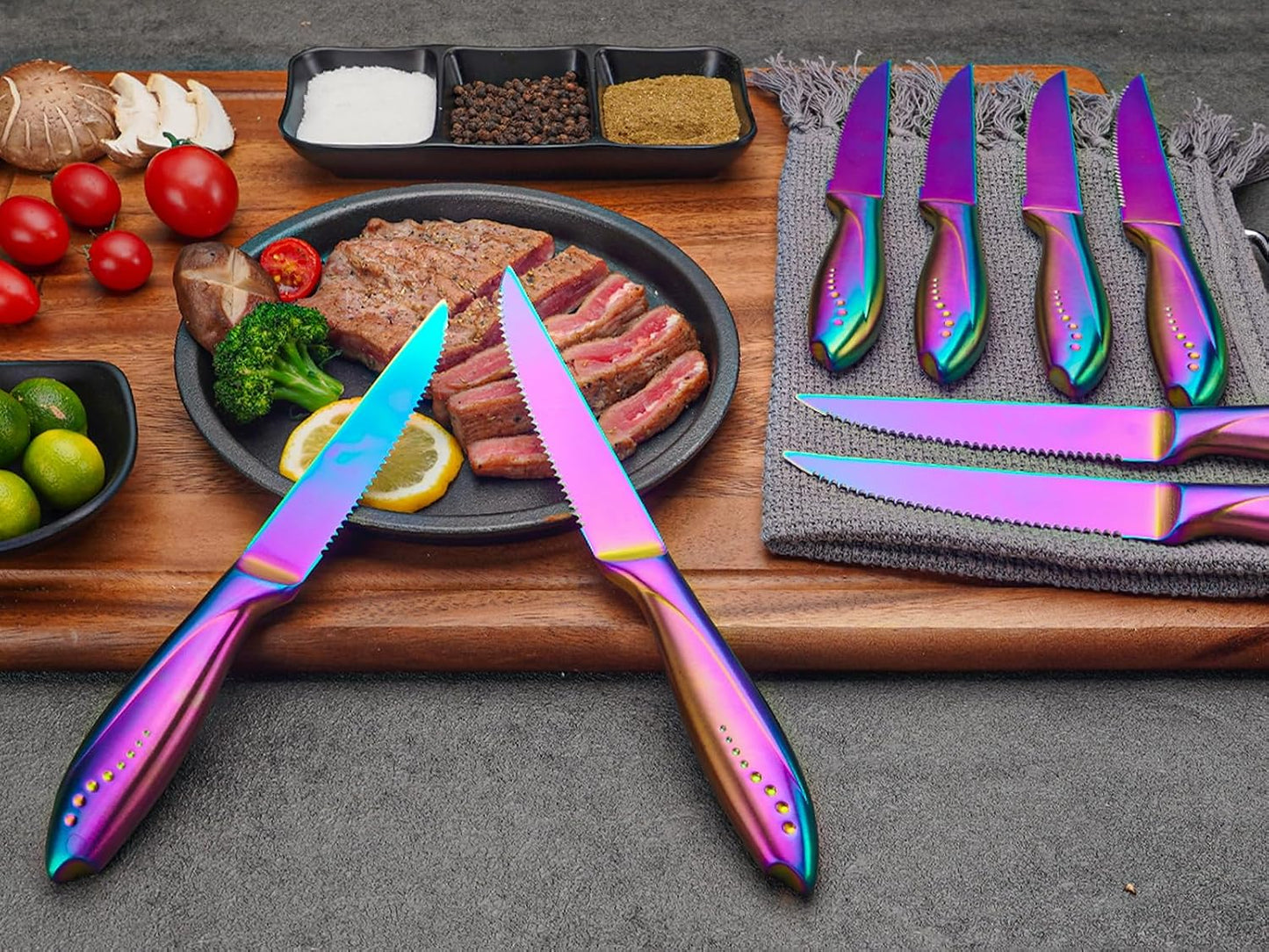 Rainbow Serrated Steak Knife 8 Piece Set, German High Carton Stainless Steel Blade for Home Restaurant
