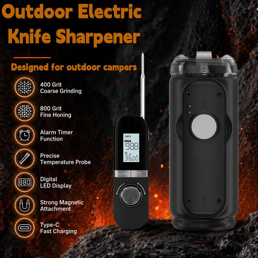 3-in-1 Outdoor Electric Knife Sharpener with Digital Meat Thermometer and Cooking Timer, (400/800#) Grinding Disc, 2000mAh Portable Cordless Type-C Fast Charging Sharpener for RV,Camping & BBQ