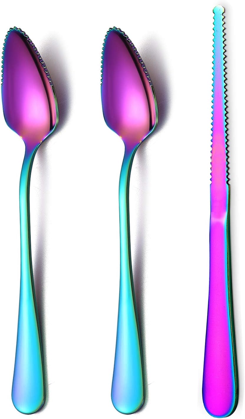 Rainbow Grapefruit Spoons 3 Pieces Set, 2 Stainless Steel Grapefruit Spoon And 1 Grapefruit knife With Titanium Plating, Grapefruit Utensil Set, Serrated Edges Spoon pack of 3 (Rainbow)