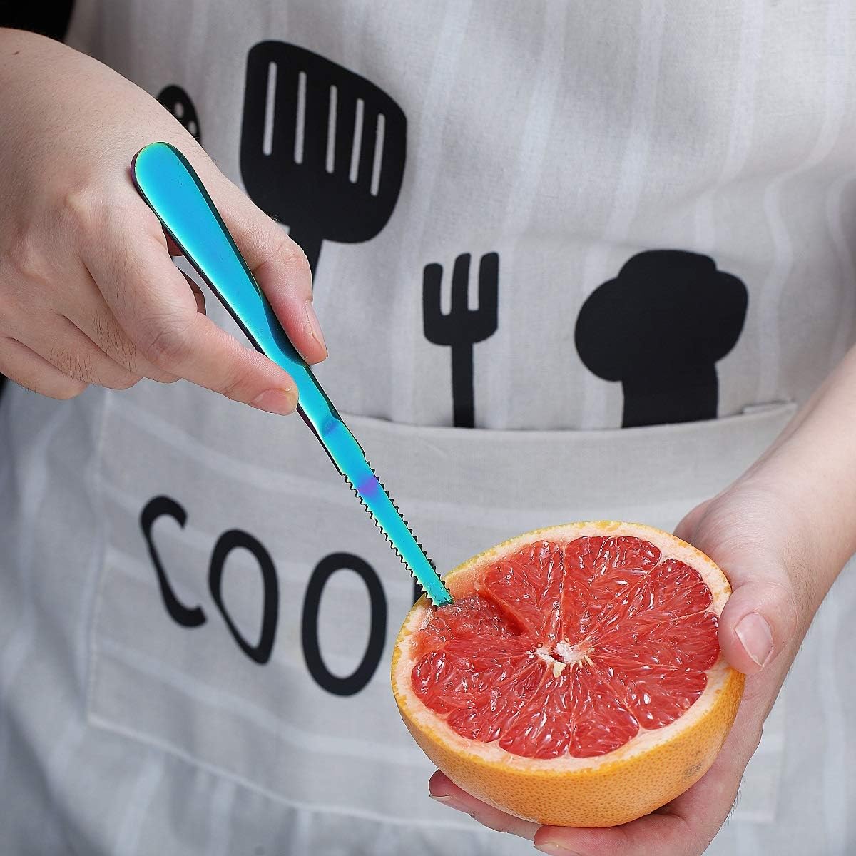 Rainbow Grapefruit Spoons 3 Pieces Set, 2 Stainless Steel Grapefruit Spoon And 1 Grapefruit knife With Titanium Plating, Grapefruit Utensil Set, Serrated Edges Spoon pack of 3 (Rainbow)