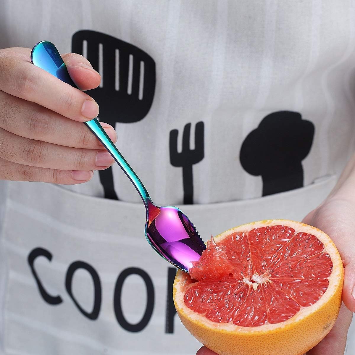 Rainbow Grapefruit Spoons 3 Pieces Set, 2 Stainless Steel Grapefruit Spoon And 1 Grapefruit knife With Titanium Plating, Grapefruit Utensil Set, Serrated Edges Spoon pack of 3 (Rainbow)