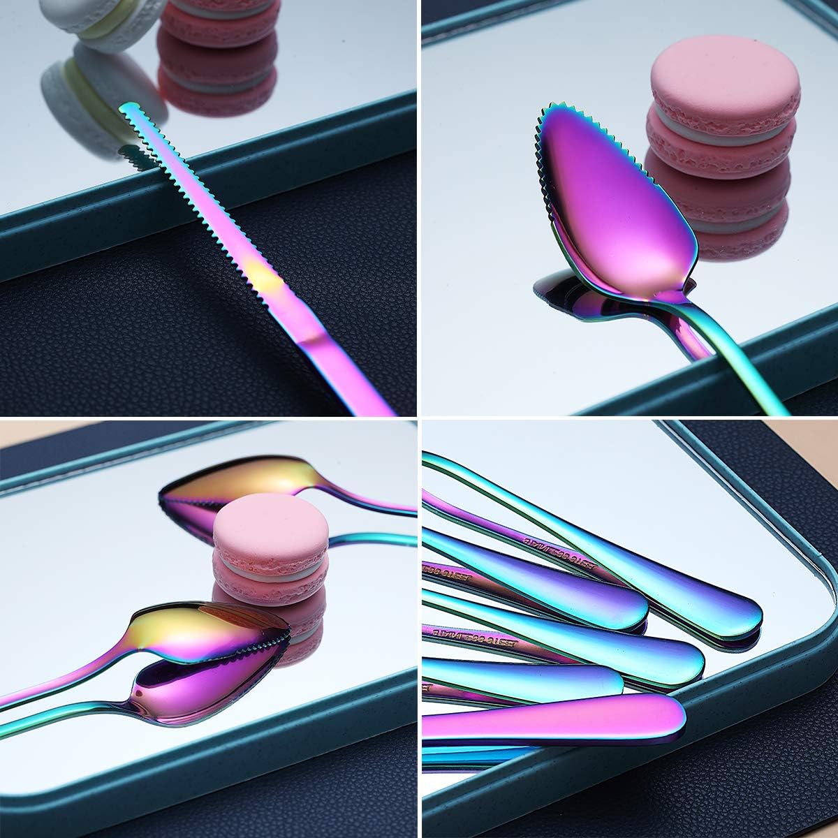 Rainbow Grapefruit Spoons 3 Pieces Set, 2 Stainless Steel Grapefruit Spoon And 1 Grapefruit knife With Titanium Plating, Grapefruit Utensil Set, Serrated Edges Spoon pack of 3 (Rainbow)