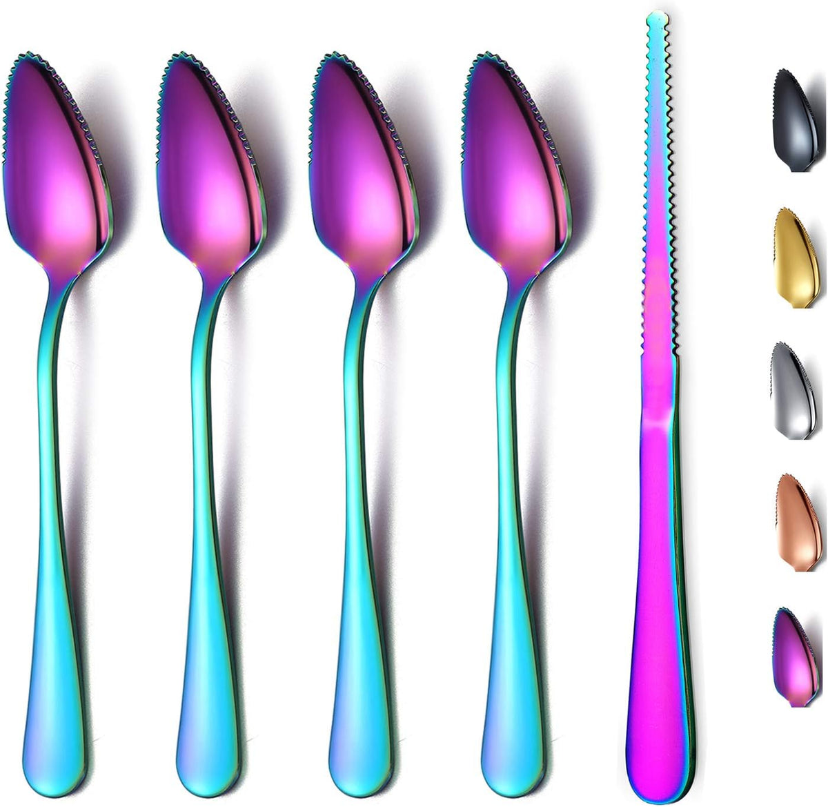 Rainbow Grapefruit Spoons 3 Pieces Set, 2 Stainless Steel Grapefruit Spoon And 1 Grapefruit knife With Titanium Plating, Grapefruit Utensil Set, Serrated Edges Spoon pack of 3 (Rainbow)