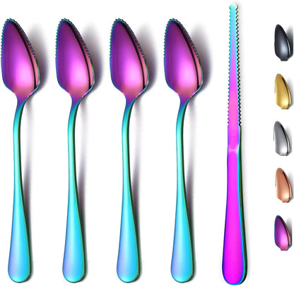 Rainbow Grapefruit Spoons 3 Pieces Set, 2 Stainless Steel Grapefruit Spoon And 1 Grapefruit knife With Titanium Plating, Grapefruit Utensil Set, Serrated Edges Spoon pack of 3 (Rainbow)