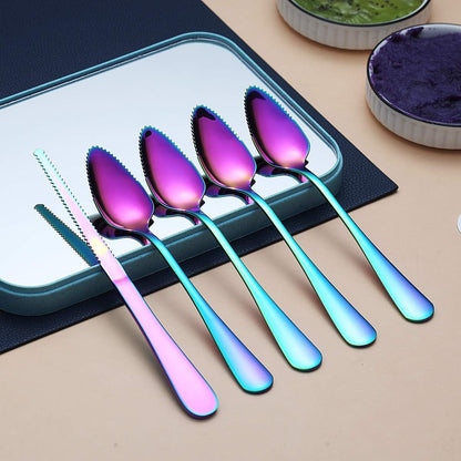 Rainbow Grapefruit Spoons 3 Pieces Set, 2 Stainless Steel Grapefruit Spoon And 1 Grapefruit knife With Titanium Plating, Grapefruit Utensil Set, Serrated Edges Spoon pack of 3 (Rainbow)