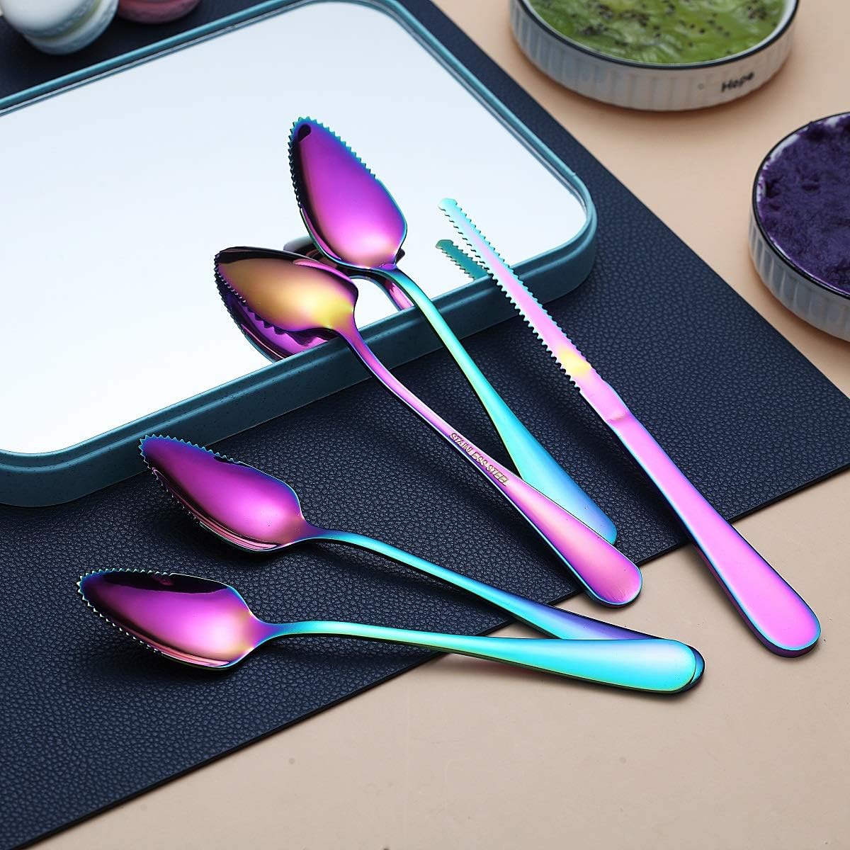Rainbow Grapefruit Spoons 3 Pieces Set, 2 Stainless Steel Grapefruit Spoon And 1 Grapefruit knife With Titanium Plating, Grapefruit Utensil Set, Serrated Edges Spoon pack of 3 (Rainbow)