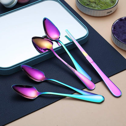 Rainbow Grapefruit Spoons 3 Pieces Set, 2 Stainless Steel Grapefruit Spoon And 1 Grapefruit knife With Titanium Plating, Grapefruit Utensil Set, Serrated Edges Spoon pack of 3 (Rainbow)