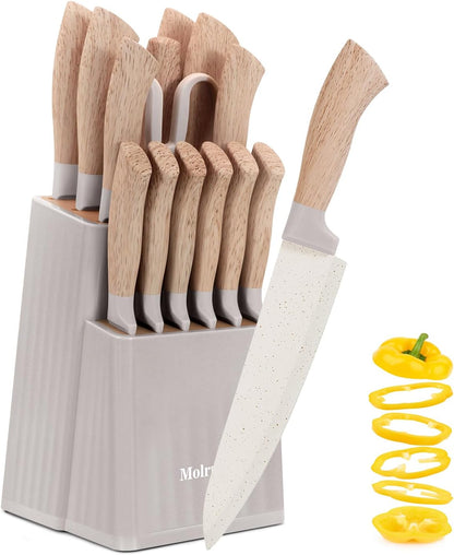 Knife Set, 15 Pcs Khaki Kitchen Knife Set for Home, Granite Nonstick Ceramic Coating, Stainless Steel Sharp Chef Knife Sets with Block, Wood Grain Handle, Ergonomic Non-slip Handle Knife Block Set