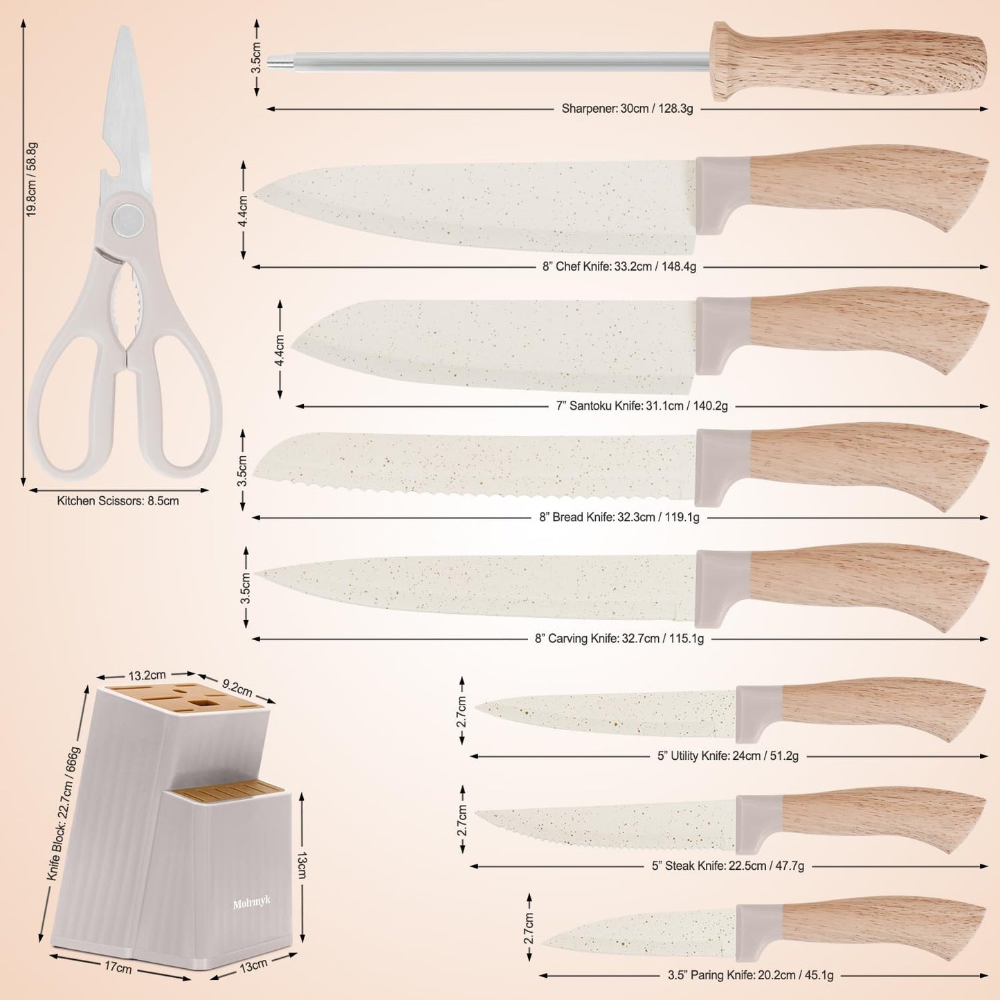 Knife Set, 15 Pcs Khaki Kitchen Knife Set for Home, Granite Nonstick Ceramic Coating, Stainless Steel Sharp Chef Knife Sets with Block, Wood Grain Handle, Ergonomic Non-slip Handle Knife Block Set