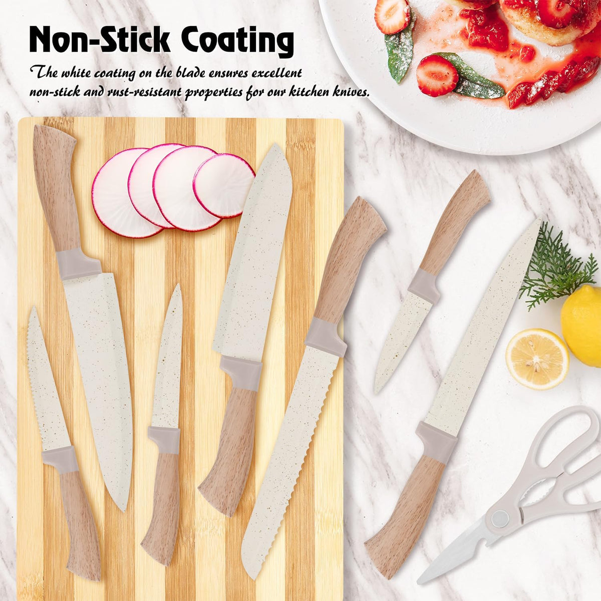 Knife Set, 15 Pcs Khaki Kitchen Knife Set for Home, Granite Nonstick Ceramic Coating, Stainless Steel Sharp Chef Knife Sets with Block, Wood Grain Handle, Ergonomic Non-slip Handle Knife Block Set