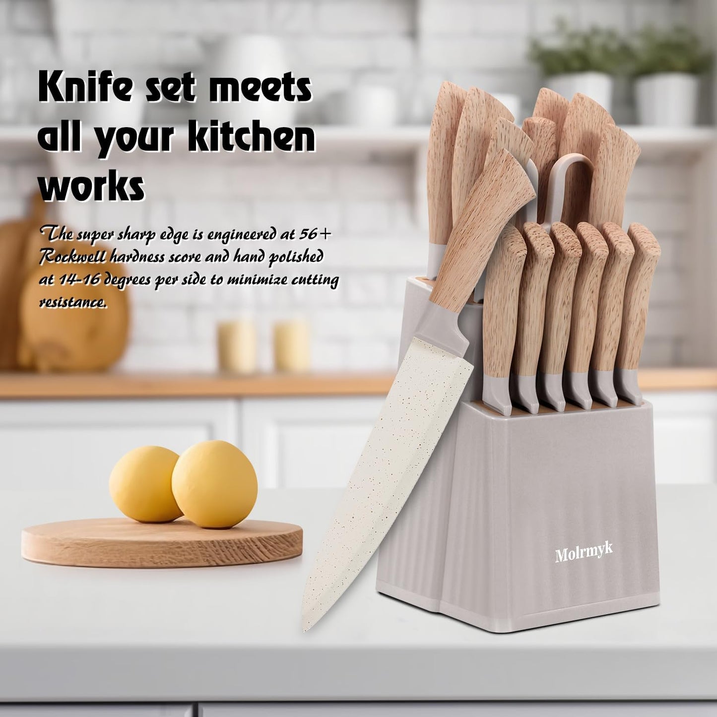 Knife Set, 15 Pcs Khaki Kitchen Knife Set for Home, Granite Nonstick Ceramic Coating, Stainless Steel Sharp Chef Knife Sets with Block, Wood Grain Handle, Ergonomic Non-slip Handle Knife Block Set