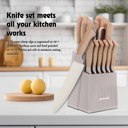 Knife Set, 15 Pcs Khaki Kitchen Knife Set for Home, Granite Nonstick Ceramic Coating, Stainless Steel Sharp Chef Knife Sets with Block, Wood Grain Handle, Ergonomic Non-slip Handle Knife Block Set