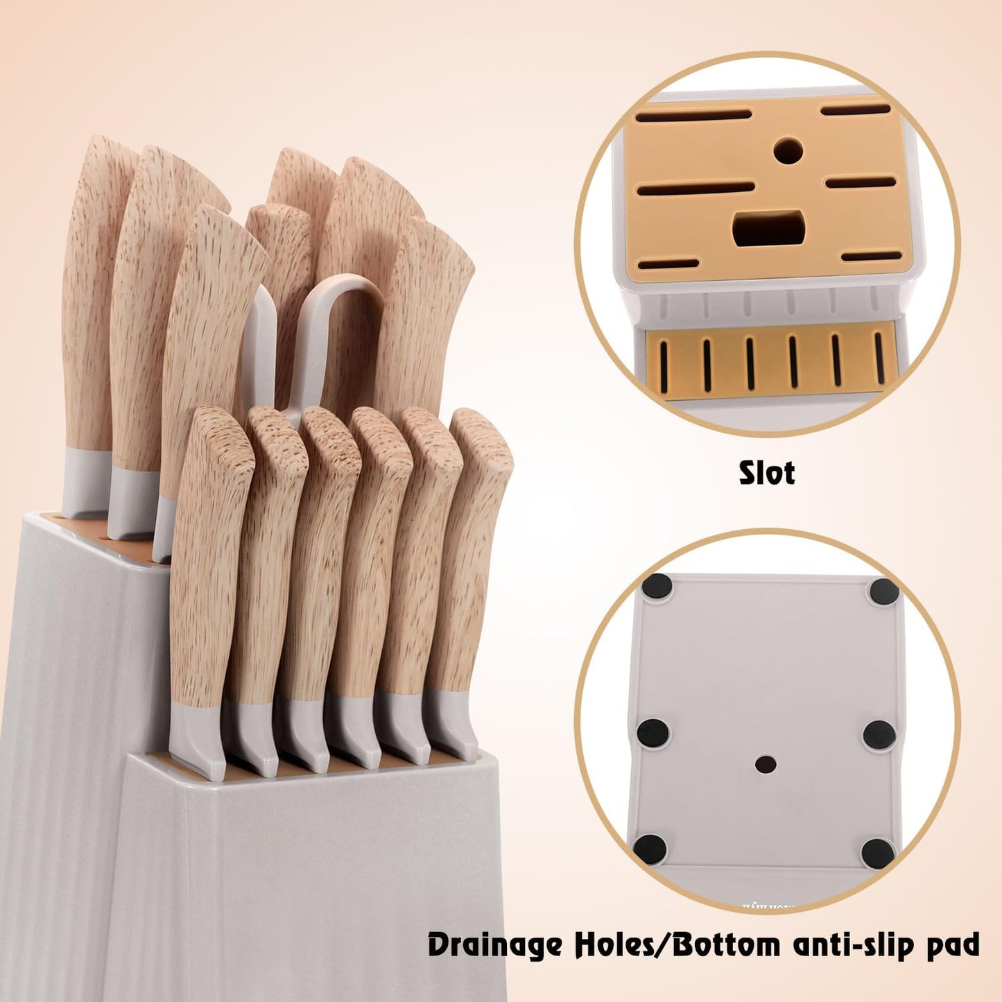 Knife Set, 15 Pcs Khaki Kitchen Knife Set for Home, Granite Nonstick Ceramic Coating, Stainless Steel Sharp Chef Knife Sets with Block, Wood Grain Handle, Ergonomic Non-slip Handle Knife Block Set