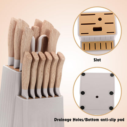 Knife Set, 15 Pcs Khaki Kitchen Knife Set for Home, Granite Nonstick Ceramic Coating, Stainless Steel Sharp Chef Knife Sets with Block, Wood Grain Handle, Ergonomic Non-slip Handle Knife Block Set