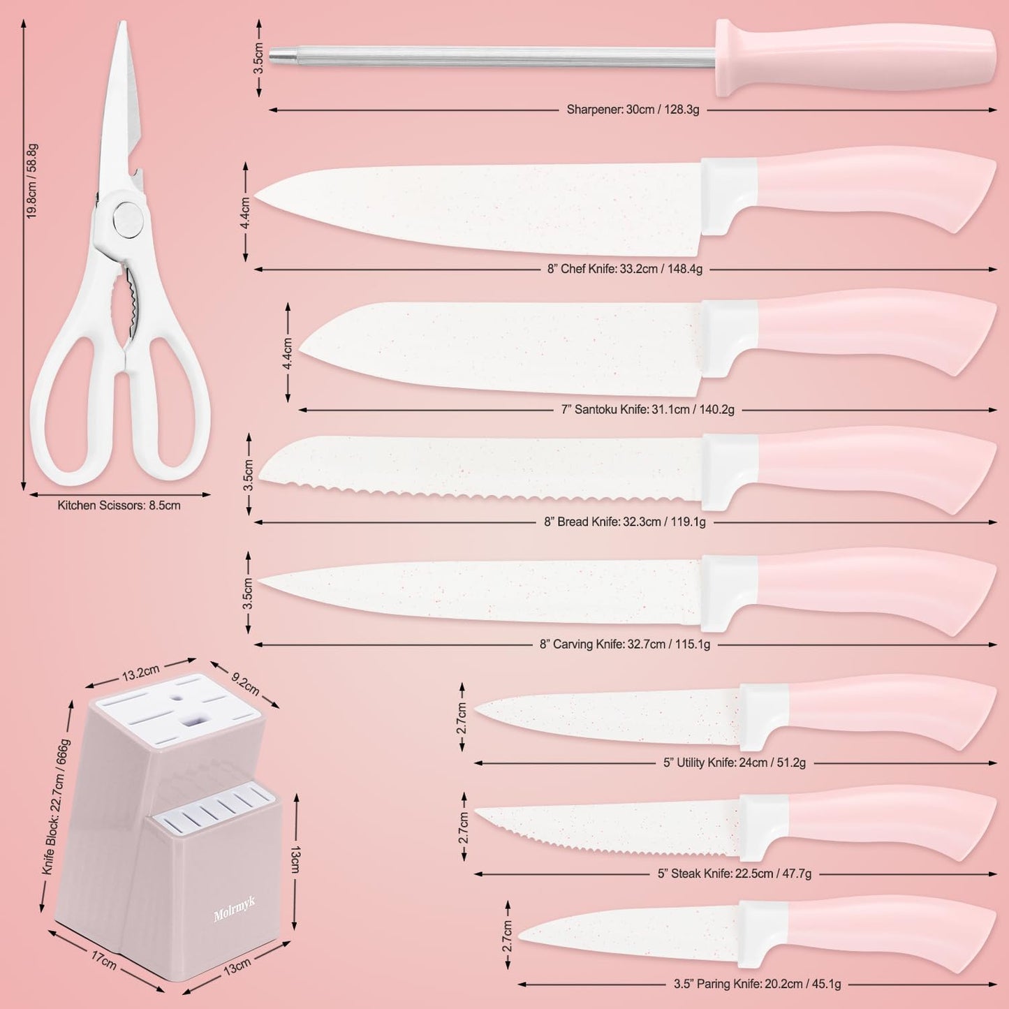 Knife Set, 15 Pcs Khaki Kitchen Knife Set for Home, Granite Nonstick Ceramic Coating, Stainless Steel Sharp Chef Knife Sets with Block, Wood Grain Handle, Ergonomic Non-slip Handle Knife Block Set