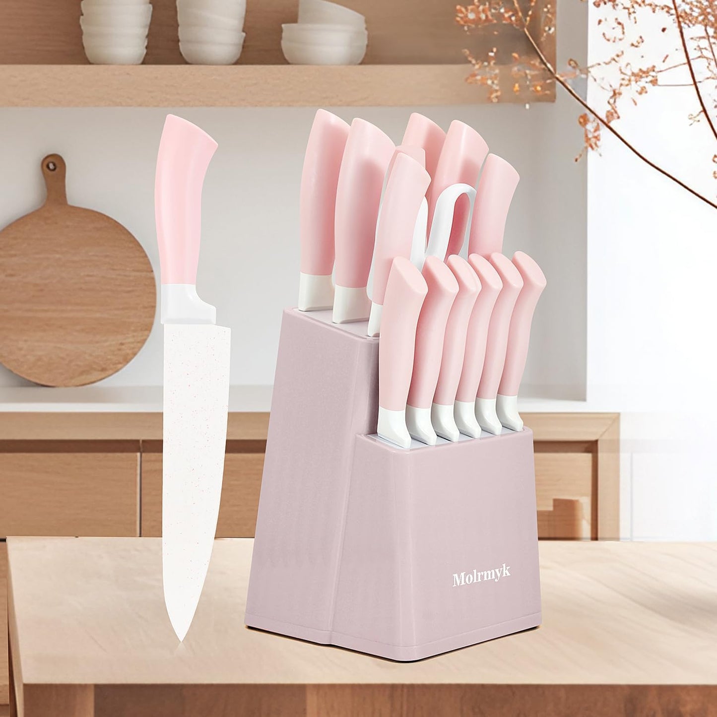 Knife Set, 15 Pcs Khaki Kitchen Knife Set for Home, Granite Nonstick Ceramic Coating, Stainless Steel Sharp Chef Knife Sets with Block, Wood Grain Handle, Ergonomic Non-slip Handle Knife Block Set
