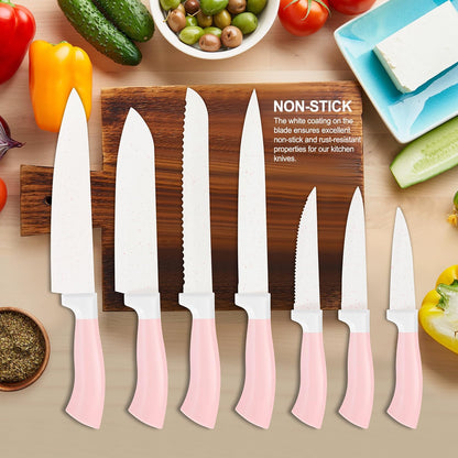 Knife Set, 15 Pcs Khaki Kitchen Knife Set for Home, Granite Nonstick Ceramic Coating, Stainless Steel Sharp Chef Knife Sets with Block, Wood Grain Handle, Ergonomic Non-slip Handle Knife Block Set