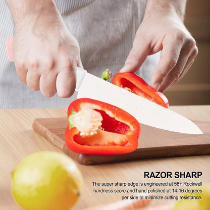 Knife Set, 15 Pcs Khaki Kitchen Knife Set for Home, Granite Nonstick Ceramic Coating, Stainless Steel Sharp Chef Knife Sets with Block, Wood Grain Handle, Ergonomic Non-slip Handle Knife Block Set