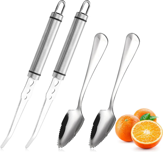 Grapefruit Knife - Curved Serrated Stainless Steel, Pack of 2 with 2 Pcs Spoons, for Grapefruit & Oranges
