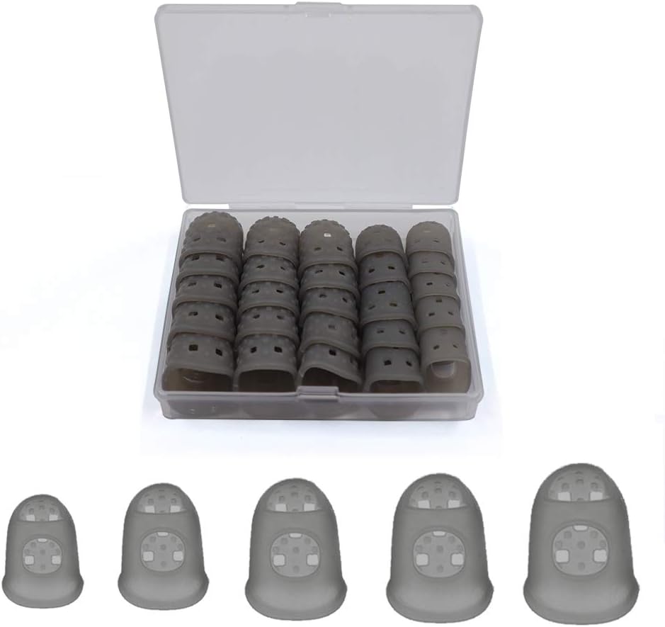 5 Sizes Guitar Fingertip Protector With Compact Box, Premium Silicone Guitar Finger Guards, Non-Slip Breathable Fingertip Protection Covers Caps for Sewing, String Instruments (Grey)