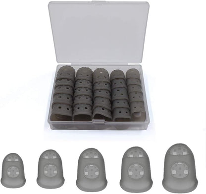 5 Sizes Guitar Fingertip Protector With Compact Box, Premium Silicone Guitar Finger Guards, Non-Slip Breathable Fingertip Protection Covers Caps for Sewing, String Instruments (Grey)