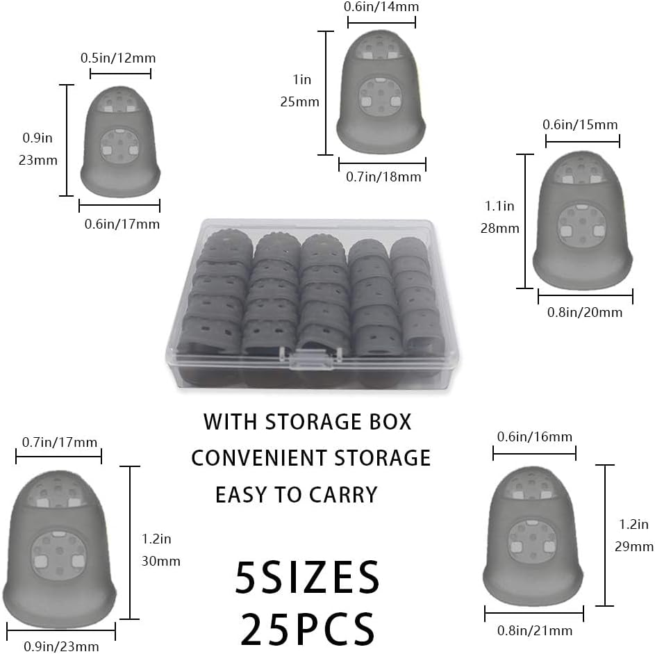 5 Sizes Guitar Fingertip Protector With Compact Box, Premium Silicone Guitar Finger Guards, Non-Slip Breathable Fingertip Protection Covers Caps for Sewing, String Instruments (Grey)