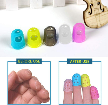 5 Sizes Guitar Fingertip Protector With Compact Box, Premium Silicone Guitar Finger Guards, Non-Slip Breathable Fingertip Protection Covers Caps for Sewing, String Instruments (Grey)