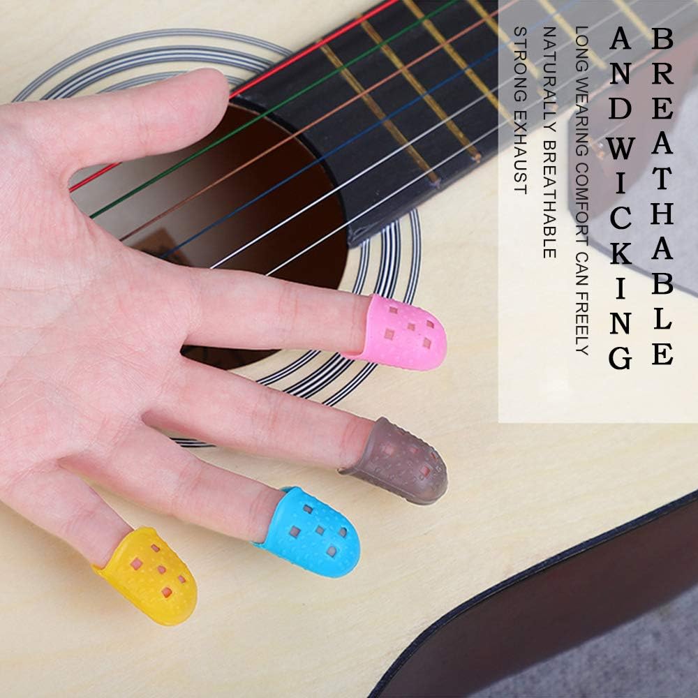 5 Sizes Guitar Fingertip Protector With Compact Box, Premium Silicone Guitar Finger Guards, Non-Slip Breathable Fingertip Protection Covers Caps for Sewing, String Instruments (Grey)