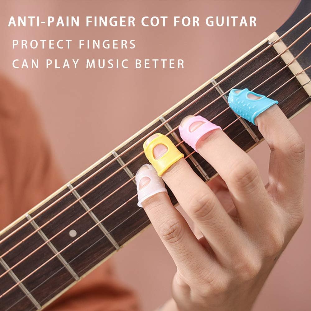 5 Sizes Guitar Fingertip Protector With Compact Box, Premium Silicone Guitar Finger Guards, Non-Slip Breathable Fingertip Protection Covers Caps for Sewing, String Instruments (Grey)