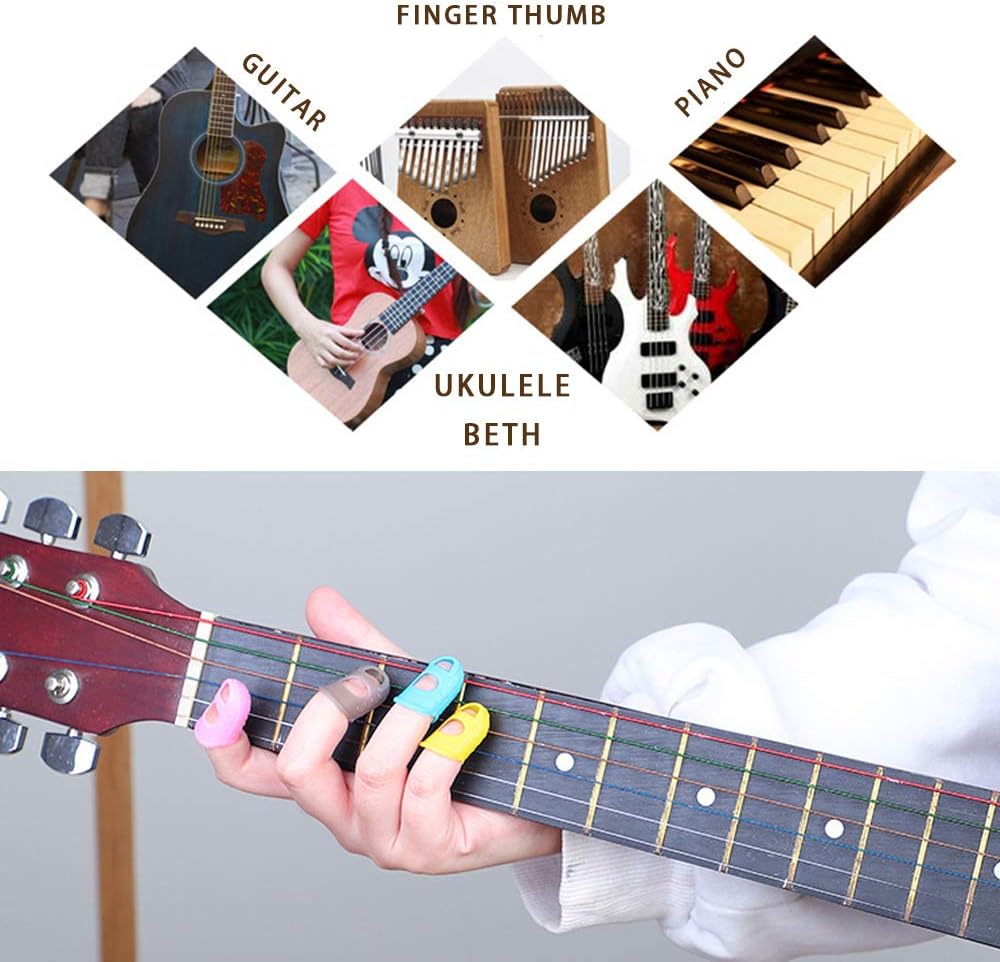 5 Sizes Guitar Fingertip Protector With Compact Box, Premium Silicone Guitar Finger Guards, Non-Slip Breathable Fingertip Protection Covers Caps for Sewing, String Instruments (Grey)