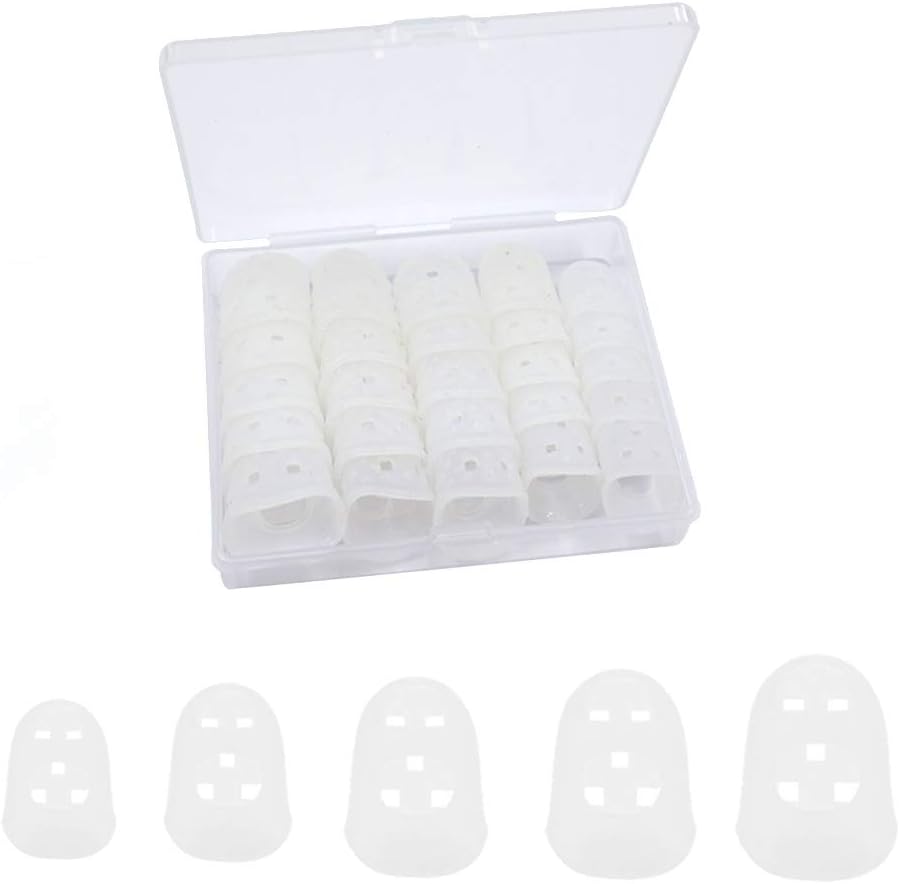 5 Sizes Guitar Fingertip Protector With Compact Box, Premium Silicone Guitar Finger Guards, Non-Slip Breathable Fingertip Protection Covers Caps for Sewing, String Instruments (Grey)