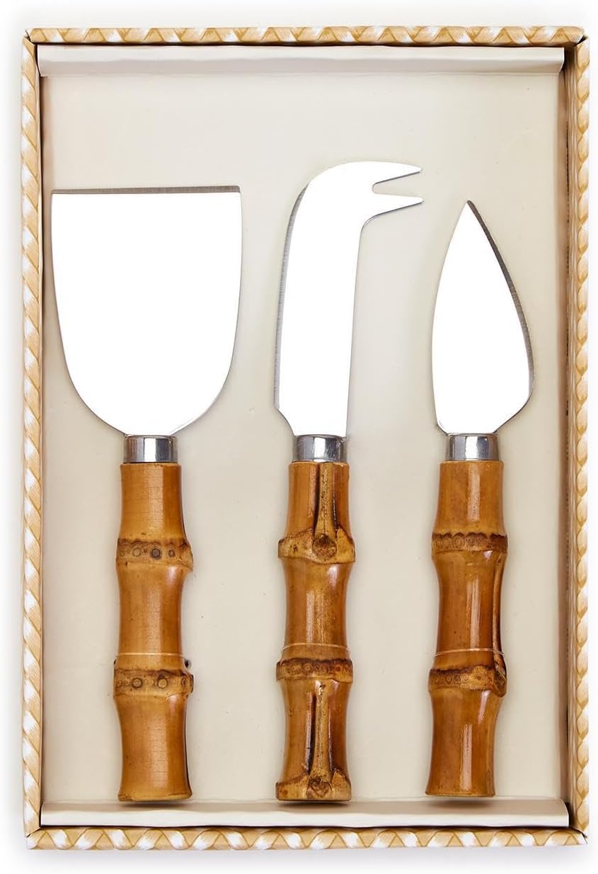 Set of 3 Natural Bamboo Handle Cheese Knives in Gift Box