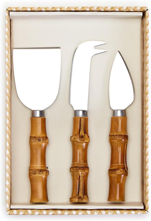 Set of 3 Natural Bamboo Handle Cheese Knives in Gift Box